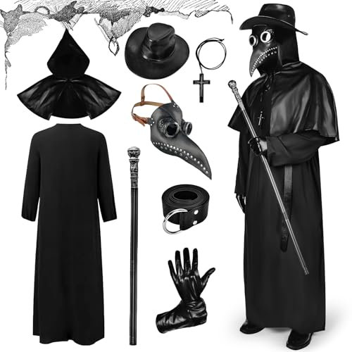Ulikey Pestdoktor Kostüm, Pestdoktor Kostüm Herren Plague Doctor Costume Cosplay Set, Mittelalter Pestdoktor Outfit mit Pestdoktor Maske, Zepter Hut Handschuhe Accessoire für Erwachsene Halloween (XL)