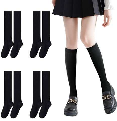 UILYNIU 4 Paires de Chaussettes Hautes en Coton pour Femmes, Chaussettes Hautes Montantes, Chaussette Chaude, Chaussette D'hiver de Bottes, Longue Genoux Solide Décontractées, Mi-Bas Au Genou (Noir)
