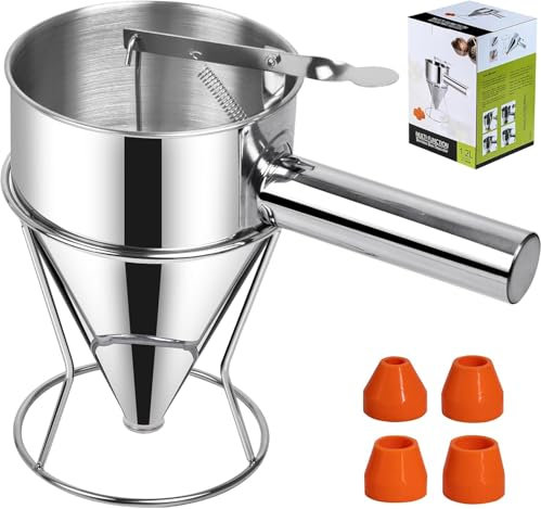 Frogetu Teigspender Teigportionierer,Teigportionierer Edelstahl,Pfannkuchen Teigspender 1200ml,Pancake Portionierer,Teigspender,Portionierer mit Ständer 4 Trichtern,Teigportionierer Pfannkuchendessert