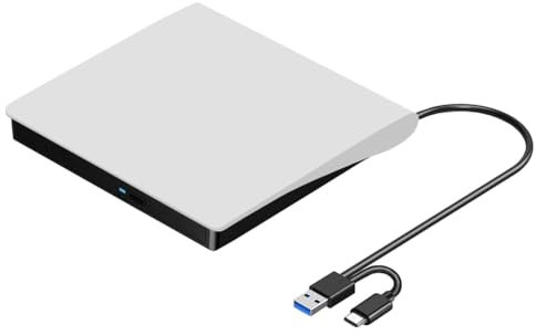 Okeeyseda Extern CD DVD +/-RW-enhet, USB 3.0 och USB-C bärbar CD- och DVD ROM-brännare brännare läsare författare omskription skivenhet lätt att använda, vit