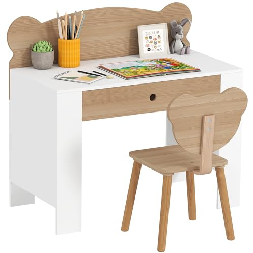 AIYAPLAY Bureau Enfant avec Chaise, Table et Chaise avec tiroir et Large Plateau, Forme d'ours, Table pour l'étude, Le Travail et l'écrire, garçon Fille 3 à 8 Ans, 80x41x74,5cm, Bois Naturel