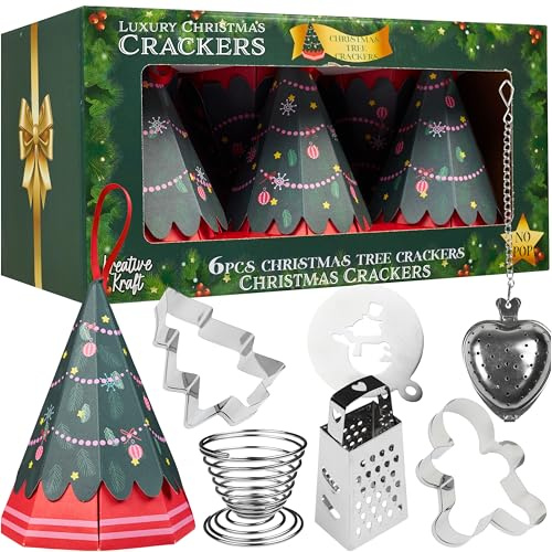KreativeKraft Albero Crackers Natale 6 Pacco Nessuno Scatto con Infusore tè, Tagliabiscotti, Grattugia, Portauova, Bomboniere con Cappelli e Scherzi
