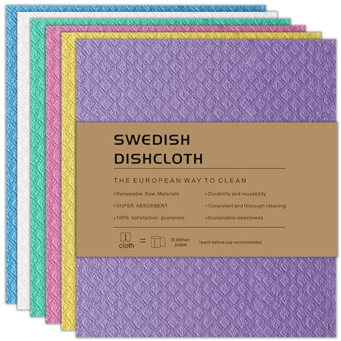 AlGuirnex Swedish Dishcloth Set of 6 - Reusable Dish Cloths 100% Biodegradable & Compostable Sponge Cloths, Food-Safe & Plastic-Free Kitchen Cloth Suitable for Any Surface (6 bright colours)