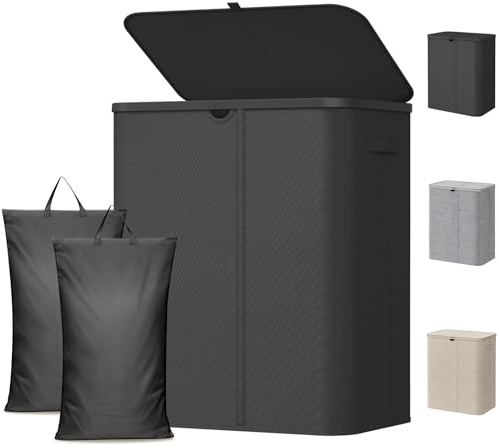 Lifewit Wäschekorb 165L mit Deckel, Großer Wäschesammler aus Kunststoff, Fächer Wäschebox Laundry Basket für Bad, Schlafzimmer, Waschraum, Schwarz