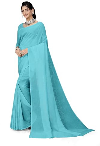 ETHNICMODE indien Sari For femme Plain Zari Chiffon Light Weight Party Wear Sky Blue Saree With Unstitched Blouse Piece-1245