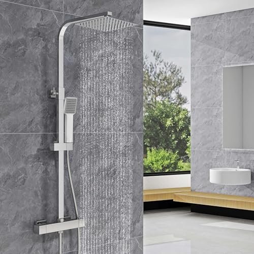 Ducha Casa Columna de Ducha Termostática Regulable con Cuadrada Alcachofa y Ducha Lluvia para Baño (Cromo)