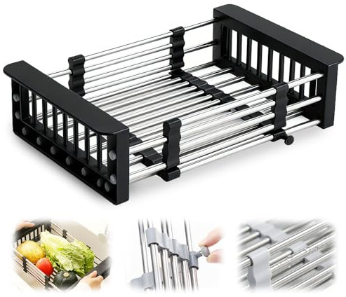 Extend Kitchen Sink Drain Basket, 2026 New Retractable Kitchen Sink, Adjustable Dish Drying Rack with Stainless Steel Drain Basket for Kitchen (Black, Small)