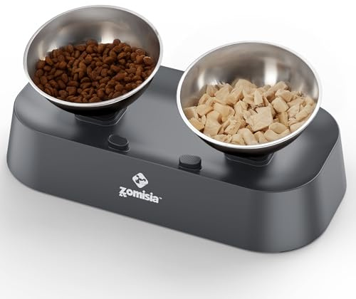 ZOMISIA Raised Cat Bowl with Stand Tilted 15°, Elevated Cat Food and Water Bowl Stainless Steel with 3 Height Adjustable, Neck Protective Cat Feeding Sation 310ml x 2 Anti Vomiting for Small Dogs Pets
