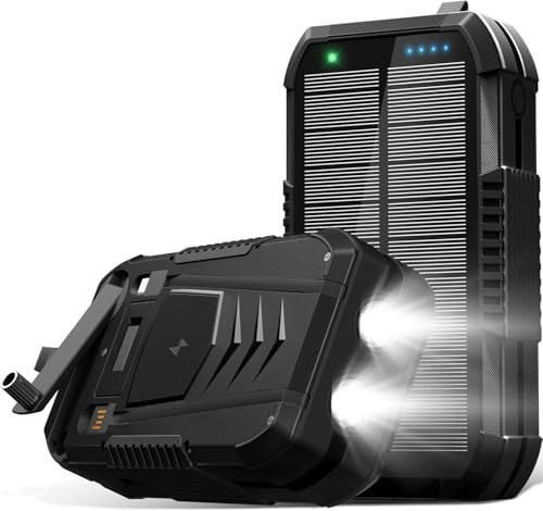 Solar Charger Power Bank 70000mAh Construido en 2 Cables y Manivela, Cargador Portátil 22.5W Cargador Rápido 6 Salidas y 4 Entradas Batería Externa con Linterna Brillante y Brújula