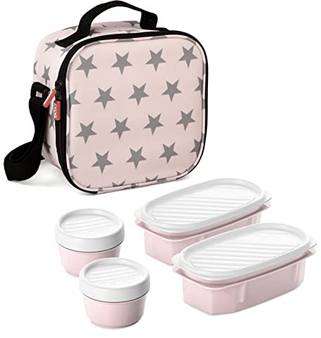 Tatay 1167506 Urban Food Casual, Bolsa Térmica Porta Alimentos con 4 Tuppers Herméticos, 2 x 0.5 l, 2 x 0.2 l, Color Rosa con Estrellas, Medidas 22.5 x 10 x 22 cm