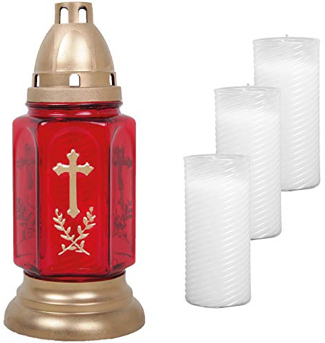 HS Candle Lanterne funéraire en verre avec croix et 4 bougies de recharge Rouge 24 cm