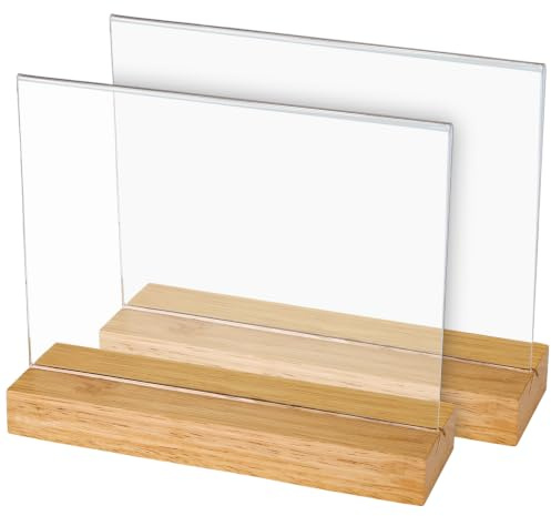 HMF bordsstativ i akryl i DIN A5 liggande format, dubbelsidig presentation, bordskortshållare med massiv träbas av ek, 2 stycken, T-stativ för kontor och catering, glasklar