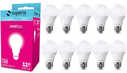 Superia Lampadina LED E27 Goccia, 11W (Equivalenti 70W), Luce Naturale 6000K RA80 Luminosa 1065 lumen, copertura opale A60, Attacco edison, Risparmio Energetico, GE27F Pacco da 10