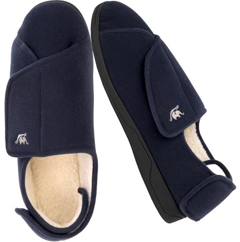 EUROPEAN SOFTEST Men's Memory Foam Diabetic Slippers with Adjustable Closure, Extra Wide Comfy Warm Plush Fleece Arthritis Edema Swollen Diabetic House Shoes Machine Washable with Anti Slip Sole