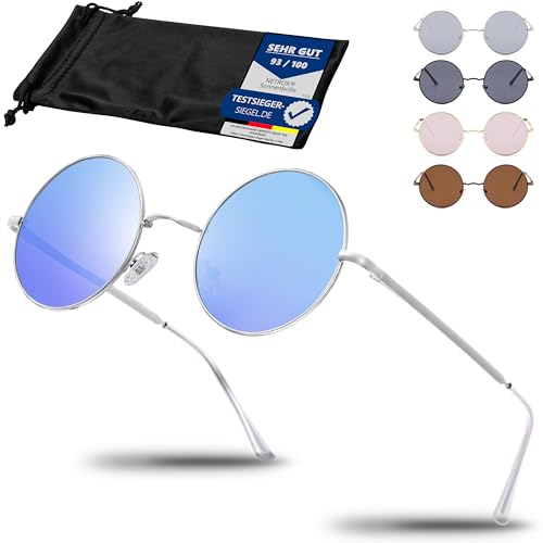 Netrox Runde Sonnenbrille im Retro-Stil mit Metallrahmen + Etui und Microfaserbeutel - UV400-Schutz - Vintage Unisex Herren und Damen - Sonnenbrillen, Gläser verspiegelt, Sunglasses, rund, blau