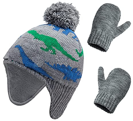 Kids Knitted Dinosaur Hat and Gloves Set 2-In-1 Winter Warm Knit Fleece Lined Earflap Pompom Beanie Hat Mitten Comb Cute Cartoon Ear Protection Hat Gloves for Girls Boys Age 3-5 Years Old