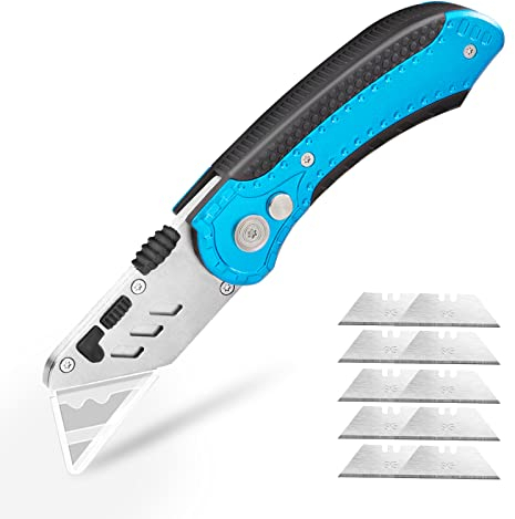 Taglierino Pieghevole, Professional Coltello Cutter in Leggero Alluminio con 10 Lame di SK5, Portabile Coltelli Multiuso con Maniglia Antiscivolo e Blocco di Sicurezza per Cartoni Scatola di Cartone