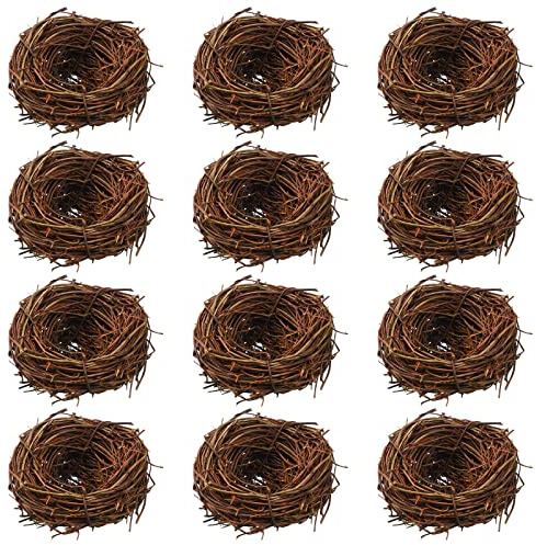 Weysat 12 Pcs Mini Bird Nest Easter Egg Hunt Decorations 2.4 Small Artificial Nests, Natural Rattan Handmade Easter Spring Party Favor for Garden Yard Home Crafts Supplies (2.36 Inch)
