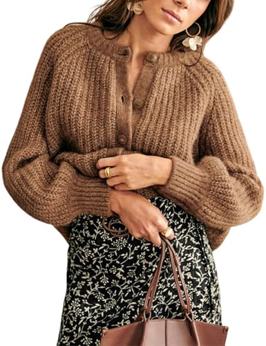 Watashi Womens Cardigan Sweater Fall Button Down Long Sleeve Sweater Chunky Knitwear Casual Open Front Loose Cardigan Coat (Brown-S)