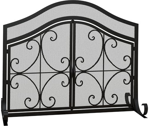 HOMCOM Pare-feu cheminée, Grille de Protection pour cheminée, Panneau Unique en Maille d'acier, Sommet arqué, serviteur cheminée avec Double Porte magnétiques, 105 x 40 x 80,5 cm, Noir