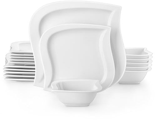MALACASA Elvira Geschirrset 6 Personen Cremeweiß 18-tlg, Modernes Porzellan Geschirr Set, Tafelservice Kombiservice mit je 6 Speiseteller, Dessertteller und Müslischalen, Teller Set 6 Personen