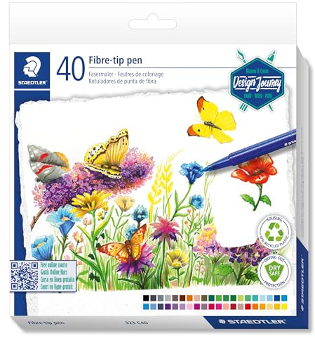 STAEDTLER triplus color 323 trekantig fibermålare, imponerande spets, linjebredd 1 mm, barnvänlig, kartongfodral med 40 st triplus-färger av återvunnen plast, blandade färger, 323 C40-C