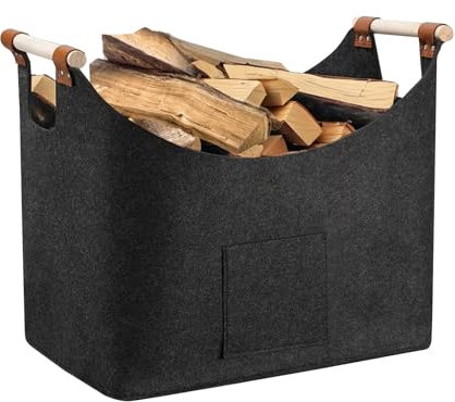 Dyaucwpo Cesta de Fieltro para Leña de Chimenea, 60LBolsa de Fieltro, Cesta de Leña, Bolsa Almacenamiento de Fieltro con Asa, Cesta de Madera Plegable, Para Compras, Madera, Juguetes (44X31X40cm)