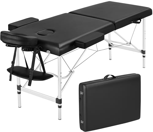 Soberine Lettino per Massaggio a 2 Zone Pieghevole Portatile Professionale in Alluminio Altezza Regolabile Poggiatesta e Briaccioli 213 x 60 cm Nero