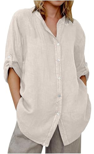 Uwdiohq Chemises boutonnées en Lin pour Femmes, Manches Longues, Chemise décontractée à col Coton, Chemisiers surdimensionnés boutonnés Chemisier Blouse Femme Chic et élégant Fluide Tunique