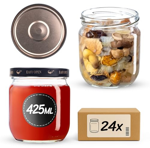 KADAX syltburkar 425 ml, konserveringsburkar med fi82 skruvlock, glas med skruvlock, konservburkar, förvaringsburkar för sylt, sylt och honung (svart/guld, 24 stycken)