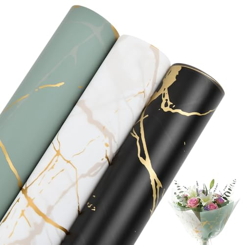 Papier Cadeau Set, 60 Feuilles Papier Bouquet de Fleur, 57x57cm Imperméable Papier Emballage Fleuriste, Bord Doré Irrégulier, Blanc Noir Bleu Clair pour Saint-Valentin Mariage Anniversaire