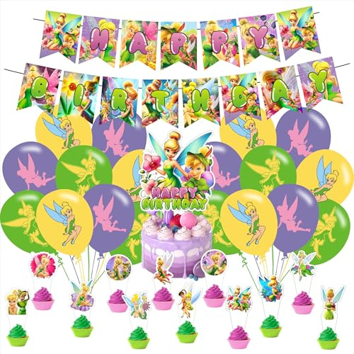 Fairy Cartoon For Tinkerbell Party Supplies,Birthday Decorations Set Include Banner, Balloons, Hanging Swirls, Cake Cupcake Toppers for Boys Girls Party.