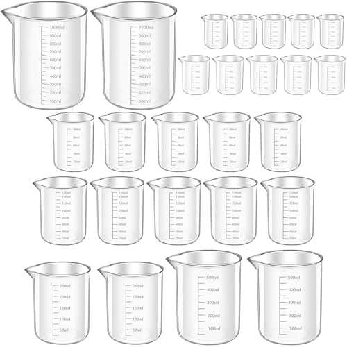 Set di 26 misurini, 30 ml, 50 ml, 100 ml, 150 ml, 250 ml, 500 ml, 1000 ml, misurino di precisione con bilancia, resistente al calore, in plastica, per laboratorio e cucina, prodotti chimici
