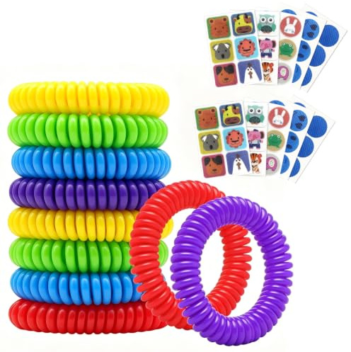 KUIRUNRX® Juego de Pulsera antimosquitos protección, 10 unidades + 60 parches Antimosquitos, Natural contra Insectos, ajustables, para Interiores y Exteriores