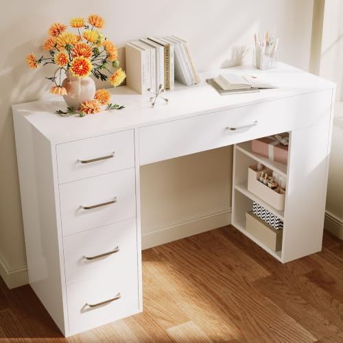 ELEGANT Dressing Table with 5 Drawers and 2 Shelves, Vanity Desk with Partition Storage, White Modern Makeup Table for Girls Bedroom Furniture, 120W x 40D x 77H cm