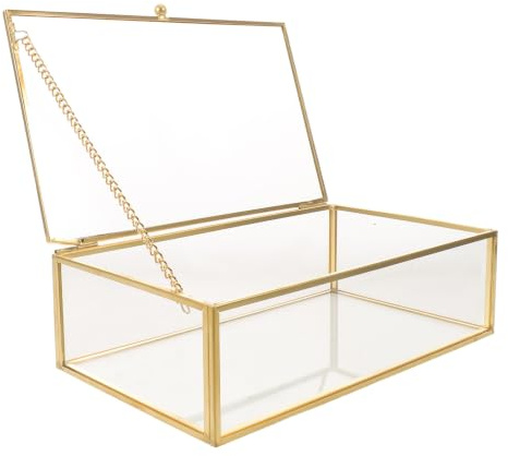 YOSADIER Vintage Glasförvaringsbox med Lock i Guld Geometrisk Smyckesdisplay med Transparent Rektangulär Design för Förvaring av Ringar Armband och Prydnadsföremål Elegant Hemdekoration