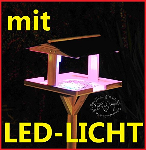 vogelfutterhaus,XXL,mit Licht,DACH ROT,MIT Beleuchtung,LED-Licht / Vogelhaus,wetterfest IN HELLGRAU LASURLACK,VIERDAROT-BEL-grau002 robust,stabil,PREMIUM Vogelhaus KOMPLETT mit Ständer,futterhaus fü