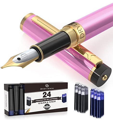 Dryden Designs Fountain Pen - Medium Nib | Includes 24 Ink Cartridges and Ink Refill Converter | Calligraphy Pen, Consistent Writing, Smooth Flow - Luscious Pink