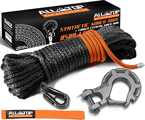 ALL-TOP Synthetic Winch Rope w/Hook & Isolator, 1/4in x 50ft, 9500Lbs UHMWPE Cable Replace Kit, Forged Hook & Rubber Stopper & Safety Pull Strap