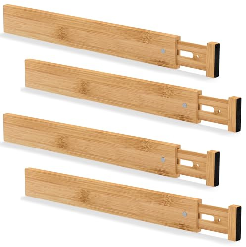 Ruichang 4 Piezas Separadores de Cajones de Bambú (44-55 x 1.5 x 5.7 cm, Naturaleza), Divisores de Cajones Ajustables, Divisorias para Gavetas, Organizador para Cajones Cocina Baño Ropa