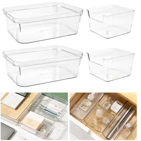 HEKOBAG 4 Pack Clear Drawer Organizer Set, 2-Size Acrylic Storage Solutions - Makeup & Vanity Organiser Trays for Cosmetics, Jewelry, Gadgets and Office Supplies