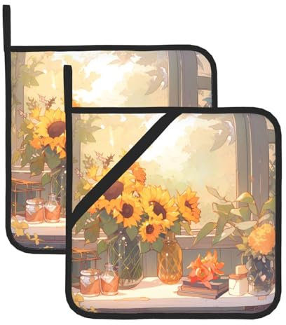 Topflappen mit Sonnenblumen-Motiv unter der Fensterbank, Grill, hitzebeständige Topflappen, heiße Pads, Kochen, Backen (2er-Pack)