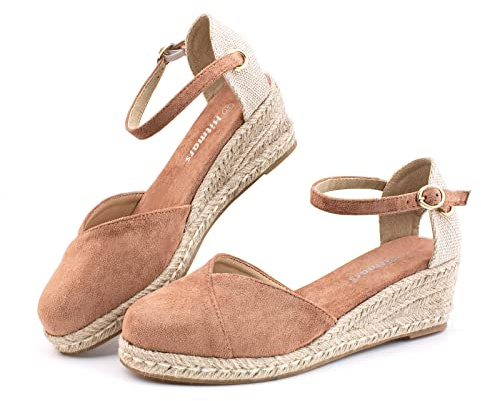 Womens Sandals Ladies Wide Fit Closed Toe Mid Heel Espadrille Wedge Sandals Strappy Party Shoes Comfortable Wedding Ankle Strap Brown UK Size 6.5