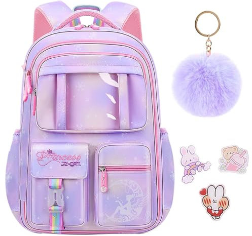IHCEMIH School Backpack, Girls Cute Bags for Primary Secondary School Multi Pocket Casual Daypacks Childrens Travel Rucksack Elementary Book Bag Pack with Keychain Badges for Kids Teen Purple
