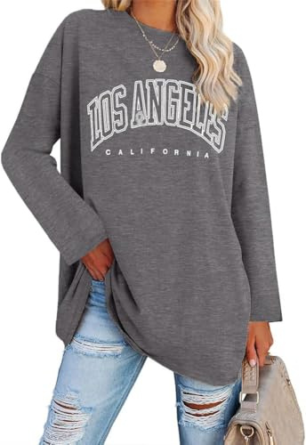 Ebifin oversize långärmad tröja dam lång tröja rund hals Los Angeles topp långärmad t-tröjor tröjor basic tunika tetoppar., Mörkgrå, XXL
