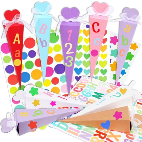 Calkkrer 24 STK Schultüte Geschwistertüten, Einschulung Schulanfang. Zuckertüte zum Befüllen für die Einschulung zum, Geschenkboxen DIY mit Aufklebern Band.