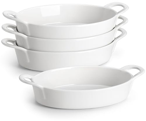 MALACASA Oval Ceramic Oven Baking Dishes, Ideal for Lasagne, Shepherds Pie and More - Small Pie Dish, Set of 4, 22 OZ, White, Oven Safe