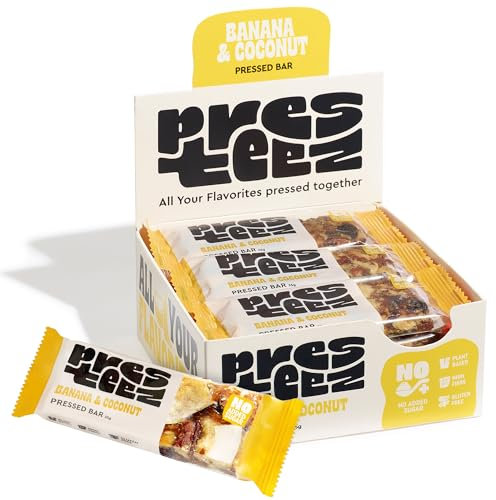 Presteez Banana & Coconut Fruit and Nut Bar - Healthy Snacks, No Added Sugar or Sweeteners, Vegan, Gluten Free, High Fibre Energy Bars, Support Clean Eating, 35g, 12 Pack