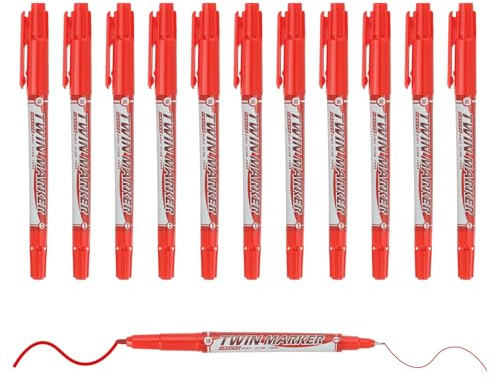 M&G Permanenta tvillingmarkörer, dubbel ultrafin punktspets (1,5 mm + 0,5 mm), 12-pack snabbtorkande, vattentäta fiberspetspennor för papper, glas, plast, trä, sten, metallyta, röd