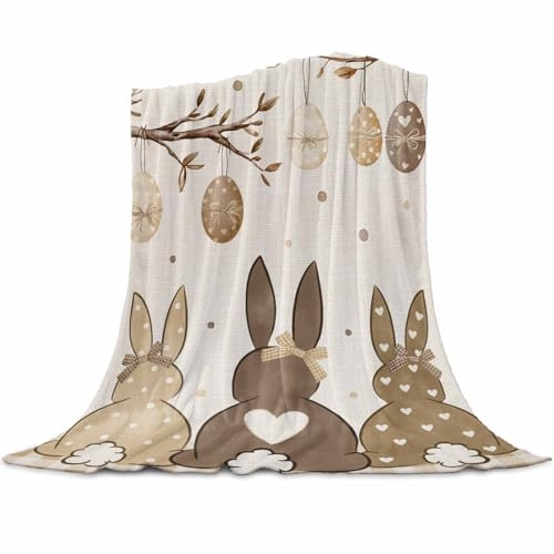 Easter Throw Blanket 30x40inch, Love Heart Polka Dot Brown Bunny Linen Texture Lightweight Blanket Soft Fuzzy Flannel Fleece Blanket for Bed, Sofa, Couch, Camping